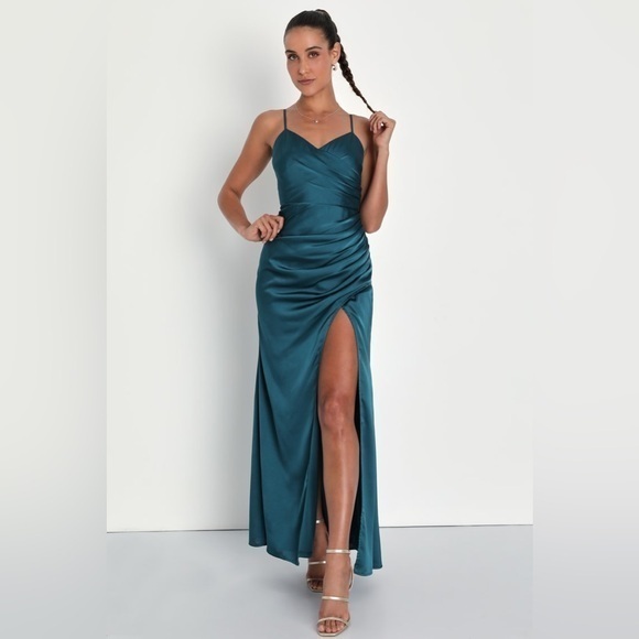 ⚫️ LULUS Glamorous Persona Teal Satin Pleated Sleeveless Tulip Maxi Dress - Picture 1 of 10